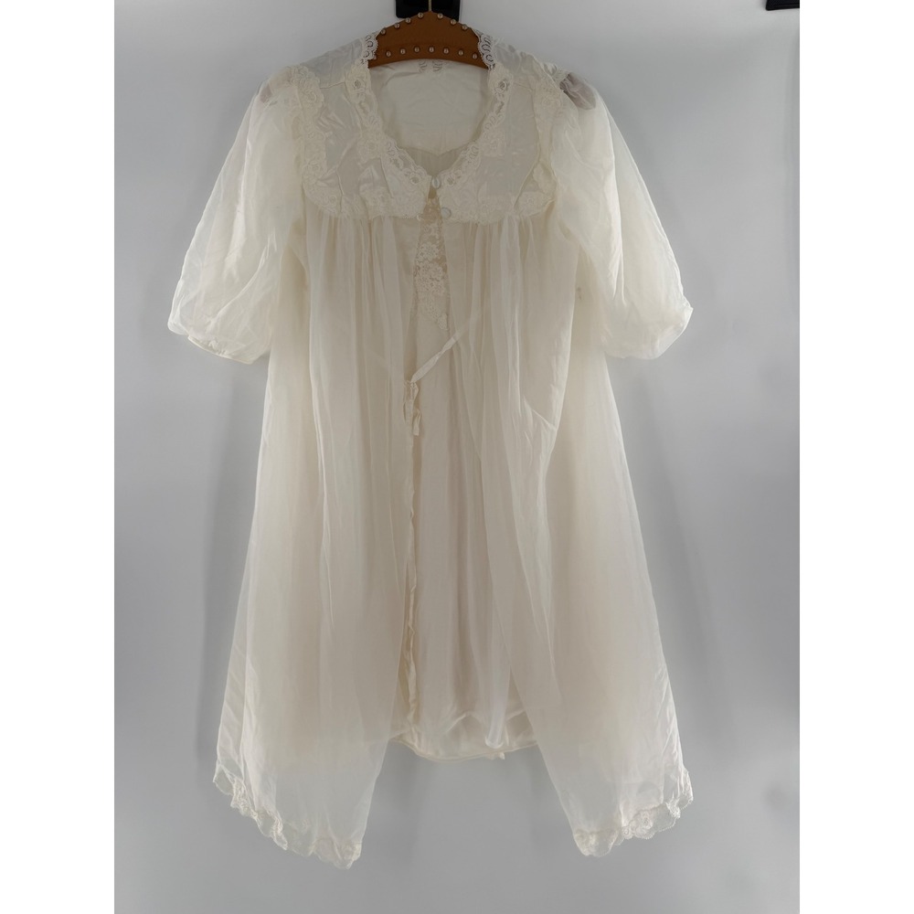 Vintage Warners Ivory Lace Chiffon Robe and Nightgown Set Made in USA